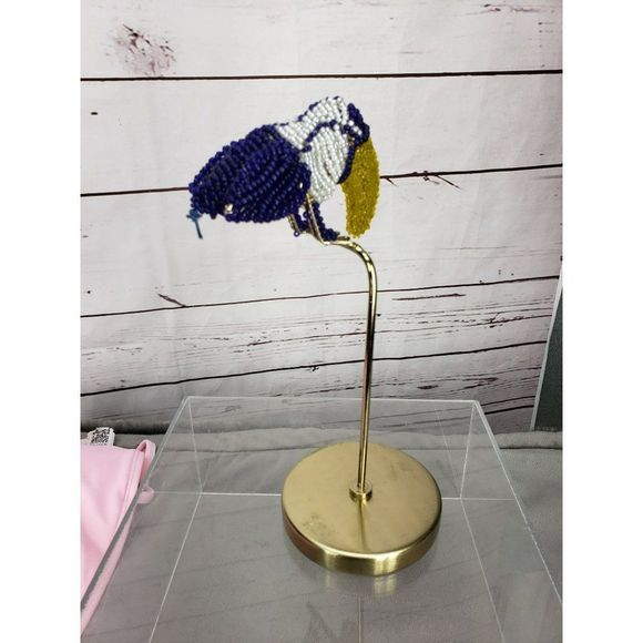 Opal House Blue & White Beaded Bead 8.5" Toucan‎ Figurine Gold Tone perch Stand - Picture 8 of 10